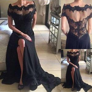 Elegant svart chiffong sida split kväll klänningar graciös spets av axel illusion sjöjungfrun prom klänning sweer tåg långa formella festklänningar