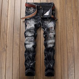 Moda masculino, designer de jeans preto, corante de tie de jeans, calças de jeans de perna reta Slim Fit Biker Hip Hop TRUSRES JB9890