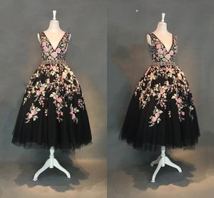 Fashion Floral Flowers Tea Length Evening Dresses Formal Gowns Cheap V neck Tulle Ball Gowns Backless Beaded Sequins Short Prom Party Dress