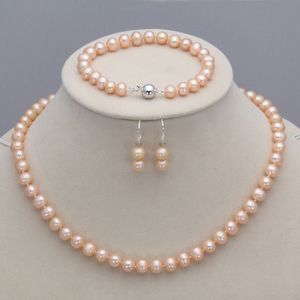 Handmade beautiful 7-8mm pink natural fresh water cultured pearl necklace 45-19cm bracelet earrings set fashion jewelry