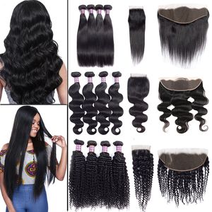 Sale! Brazilian Virgin Hair Straight Body Water Deep Wave Bundles with Closure Unprocessed Kinky Curly Human Hair Bundles with Lace Frontal