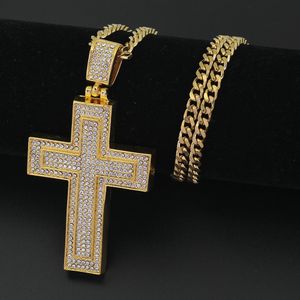 Hip Hop Titanium Stainless Steel Full Pave Rhinestone Iced Out Bling Male Gold Color Cross Pendants Necklaces for Men Jewelry