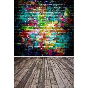 Colorful Painted Brick Wall Photography Backdrop Baby Newborn Photo Shoot Props Kids Children Photographic Backgrounds Wood Floor