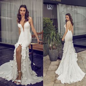 Dalal frente riki dividir sereia vestidos de casamento simples praia sem costas sexy espaguete pescoço vestidos de noiva babados feito sob encomenda robe de mari e