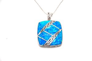 Utworzony niebieski Opal Prostokąt Naszyjnik Wisiorek Autentyczne Sterling Sea Sea Blue Silver Jewelry dla kobiet