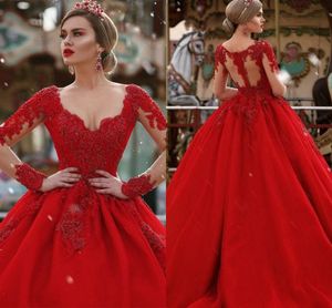 Elegant Luxury Red A Line Evening Dresses Beads Crystals V Neck Long Sleeves Court Train Illusion Back Formal Dress Party Wear