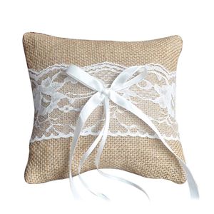 Wedding Ring Pillow Cushion Vintage Burlap Lace Dekoration för Bröllop Party Ceremony Pocket MyDing