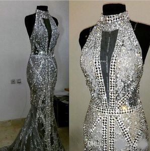 Luxury Crystal Bead Sequins High Neck Mermaid Amazing Long Formal Evening Dresses Pageant Gowns Prom dresses evening wear sliver f284K