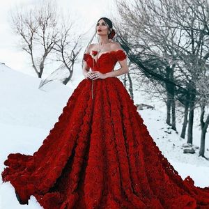 Dubai 3D-Rose Prom Dresses Sexy Off Shoulder Corset Lace-Up Ball Gown Floral Party Dresses Charming Sweep Trian Saudi Celebrity Evening Dres