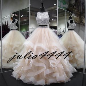 Dwa kawałki Quinceanera Suknie Ball Suknia Ruffles Kryształy Perły Ruffles Tulle 2019 Turkusowe Suknie Pagewne Dla Dziewczyn Prom Dress