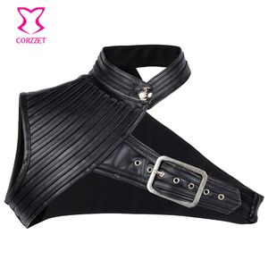 One Shoulder Stand Collar Black Leather Steampunk Corset Jacket Vintage Gothic Clothing Plus Size Burlesque Costume Accessories