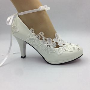 Ręcznie robiona sukienka Białe koronkowe buty ślubne Wstążka Bridal Kobiety na wysokim obcasie Pumps Bride Obcasy ślubne NEW291N