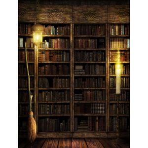 Old Wooden Bookshelf Photo Studio Background Printed Retro Lantern Candle Light Broom Kids Halloween Party Backdrop Wood Floor