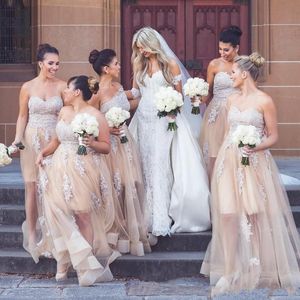 Wiosna Tanie Szampana Druhna Suknie Długie Sweetheart Koronkowe Aplikacje Odwiedzają Przez pokojówkę Honor Prom Nosić Tulle Wedding Party Dress