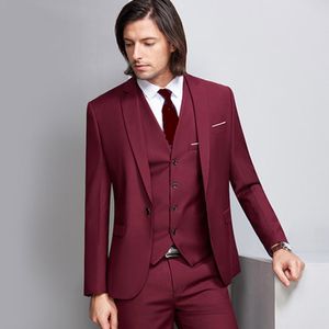 Popularne Design Groom Tuxedos One Button Burgundia Notch Lapel Groomsmen Best Man Suit Suitness Męskie Garnitury (Kurtka + Spodnie + Kamizelka + Krawat) J475