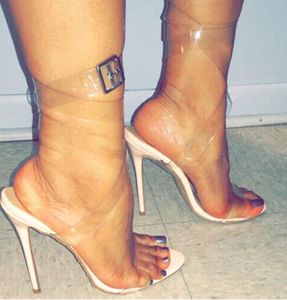 Yeni Varış 2018 Moda Ayakkabı Ayak Bileği Kayışı Strappy Topuklar PVC Temizle Şeffaf Kadın Ayakkabı Gladyatör Toka Yüksek Topuk Sandalet
