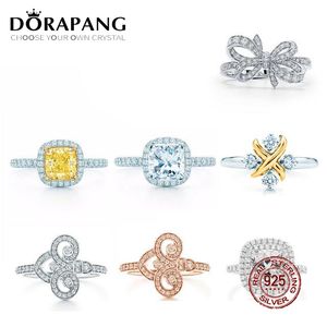 DORAPANG 100% 925 Silver Genuine Geometric Glitter Zircon Ring Fishion Bow Ring Rose Gold Ring Women Gift Original Jewelry