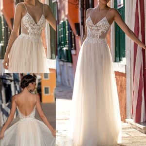 Gali Karten 2018 Boho Wedding Dresses Backless Bohemia Sexy Spaghetti Neckline Lace Appliqued Bridal Gowns Tulle A Line vestido de novia