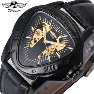 WINNER Automatic Mechanical Men Watch Racing Sports Design Triangle Skeleton Wristwatch Top Brand Luxury Golden Black