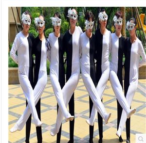 Bühnenkleidung Schwarz-weißes optisches Täuschungsbein Siamesische Tanzkostüme Erwachsenes Kind Russische Performance-Kleidung Persönlichkeit Ballsaalkleid