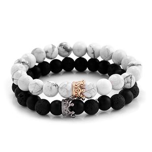 Trendy 8mm Pietra naturale Lega Corona Perline Charms Coppia Bracciali per donna Uomo Amanti Bianco Nero Lava Perline Bracciale elastico