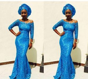 2018 Blue Lace Dresses Evening Wear för svarta flickor av axeln med 3/4 ärmar sjöjungfrun Billiga prom Formella klänningar Nigerianska spetsstilar