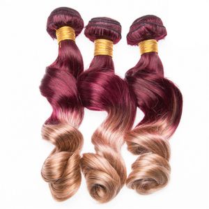 Burgundy Ombre Hårväv Honey Blonde 27 # Loose Wave Hair Extensions 3pcs / Lot Vin Rött Malaysiskt Virgin Mänskligt Hår