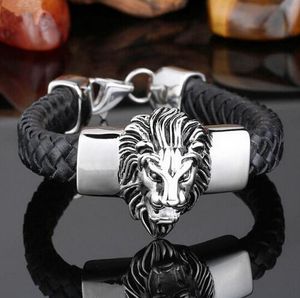 Lion Head Black Genuine Läderarmband Kvalitet Cool Punk Rock Animal Stainless Steel Mäns Armband Bangles Tillbehör