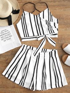 Zaful Striped Women Set Spaghetti Straps V-Neck Ärmlös Överlappad Bowknot Cami Top High Waisted Shorts Zipper Två bitar