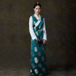 Silk Cotton Satin Blommor Höstkläder Tibetansk Lhasa Klänning Tibet Daglig Traditionell Klänning Robe Unika Etniska Minoritetskläder