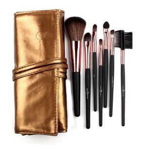 Hochwertiges Make-up-Pinsel-Set mit 7 Stück in elegantem Rosa/Braun/Rosenrot/Schwarz/Gold. Tragbare Make-up-Pinsel aus Ledertasche