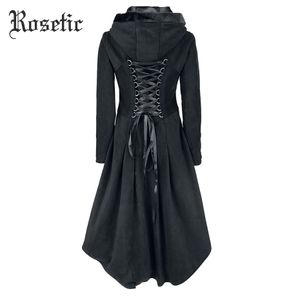 Hurtownia Rosetic Gothic Asymmetryczny płaszcz Vintage Lace-Up Jesień Zima Kobiety Czarny Trench Odzieży Dorywczo Dark Streetwear Retro Goth Coat