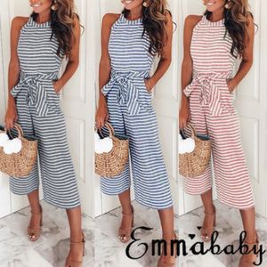 Sleeveless Striped Jumpsuits Mulheres Ampla perna Jumpsuit High cintura Romper Senhora Senhora Moda Casual Macacão Solto Plus Size S-2XL