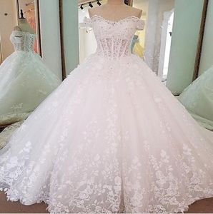Real Pictures Ball Gown Wedding Dresses Off The Shoulder Lace Beads Appliqued Luxury Wedding Dress Dubai African Bridal Gowns
