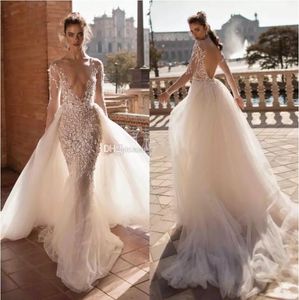 2019 BERTA sjöjungfru bröllopsklänningar Deep v nacke överkänna långärmad Baklösa brudklänningar Lace Appliqued Tulle Plus Size Vestidos de Novia
