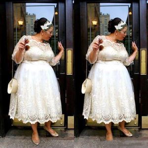 Koronki Plus Size Krótkie suknie ślubne 2020 Nowa Herbata Długość Linia Suknie Ślubne Illusion Długie Rękawy Kobiety Wedding Vestidos Custom Make tani