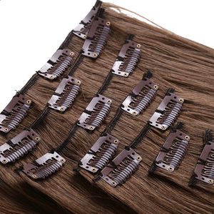 Mörkbrun färg 2 Silk Straight Human Hair Clip i hårförlängningar Obearbetade skönhet väver 70G 120G 140G 160G för alternativ