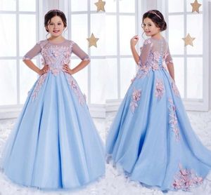 2020 Sky Blue Girls Pageant Dresses Illusion Lace Pink 3D Floral Appliques Satin Kids Flower Long Girls Dress Princess Cheap Birthday Gowns