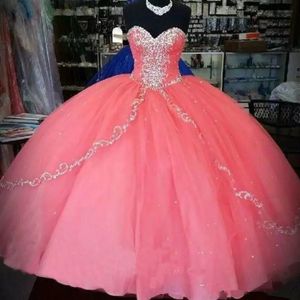 2018 Sexy Vintage Water Melon Quinceanera Gowns Sweetheart Crystal Beads Long Masquerade Sweet 16 Prom Party Gown