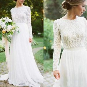 Bohemian Country Bröllopsklänningar med långa ärmar Bateau Neck A Line Lace Applique Chiffon Boho Bridal Gowns Billiga Robe de Mariée