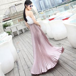 2017 autumn Fashion Vintage Silver Golden metal solid flared Maxi Skirt High Waist Beach Long Pleated Skirts for Women Ladies