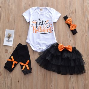 Neugeborene Baby Halloween Kleidung Intant Kleinkind Kinder Kleidung Set Brief Gedruckt Strampler + Bowknot Rock + Beinwärmer + Stirnband 4-teiliges Set Outfits