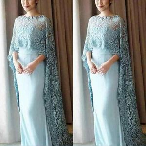 Light Blue Lace Cape Style Mother Of The Bride Dresses Chiffon Floor Length Prom Dress Custom Made Evening Gowns Vestidos298D