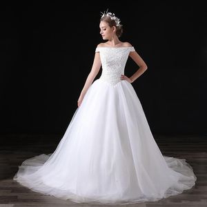 Abiti eleganti Scollo a barca con maniche corte con perline Una linea di tulle Abiti da sposa lunghi per la festa nuziale per le donne Abiti da sposa DH419