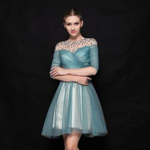 Sexy Short Prom Dresses New Arrival Sheer with Beading Sequins Half Sleeves Pleats Tulle Party Dress