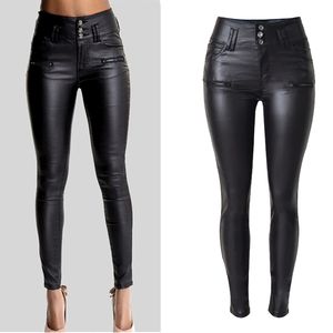 Damen Sexy Kunstleder-Stretch-Röhrenhose Lady Black High Waisted Slim Jeans-Hose