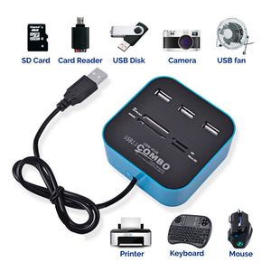 Quadrado 3 Port USB HUB + Leitor de cartão Multi Splitter Combo 480Mbps para MS M2 SD MMC TF Cartões para PC Telefone inteligente DHL FedEx EMS Navio grátis