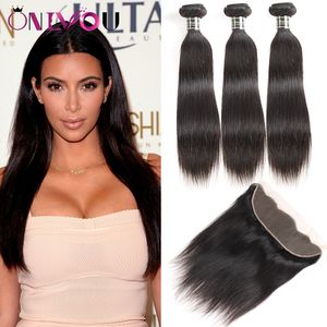 9A Grade Peruvian Virgin Human Hair Weave Lace Frontal 3 Bundles with Closure to Ear Straight Weaves Wefts