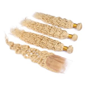 Våt och vågig peruansk jungfrublek blond hårbuntar med stängning vattenvåg # 613 Blont mänskligt hår weft med 4x4 spets frontlåsning