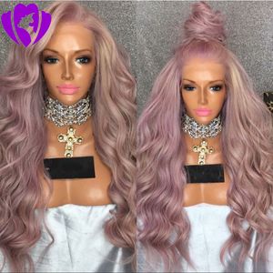紫色のボディウェーブ合成レースフロントウィッグフリーアクチング自然な外観白人女性のための紫色の熱耐性繊維髪